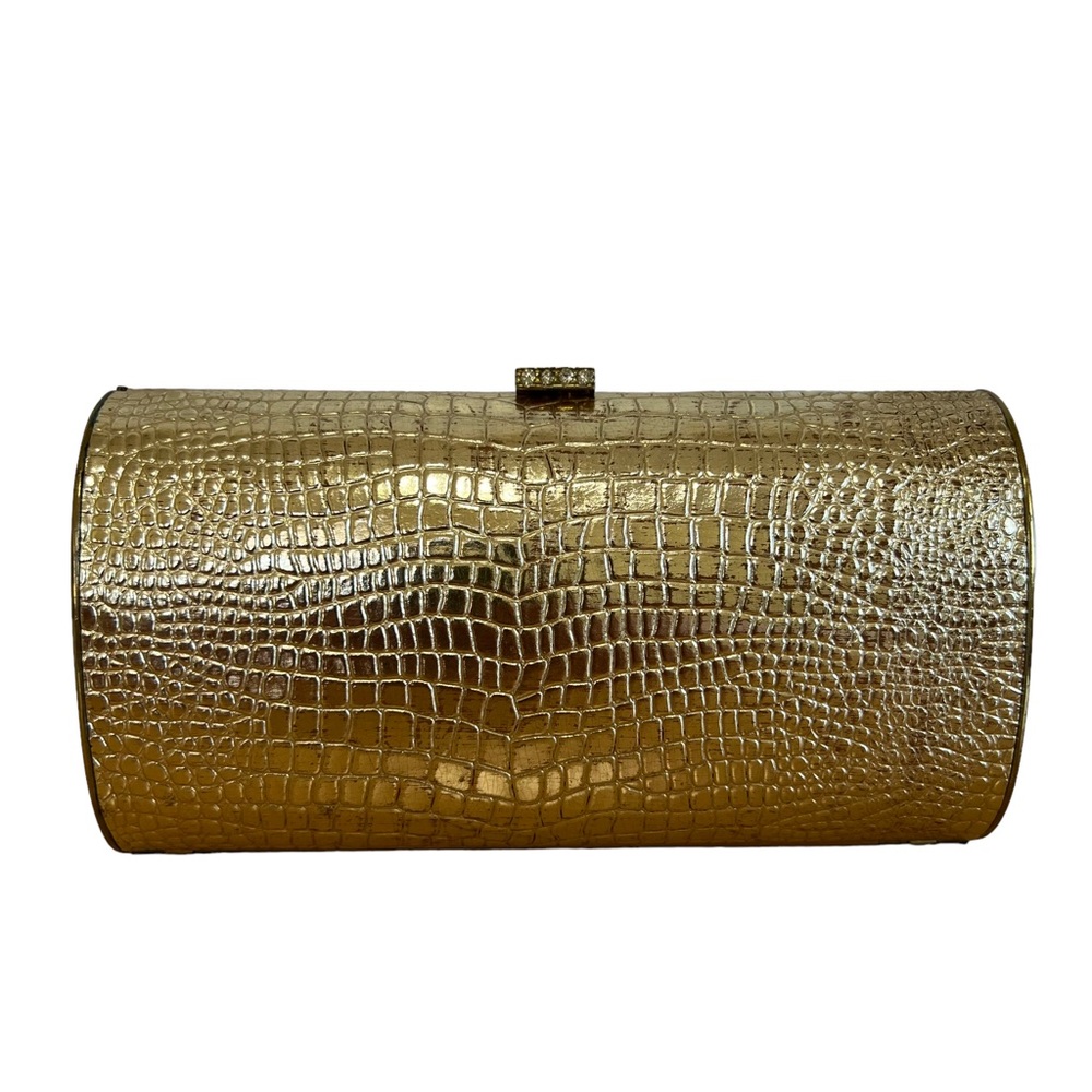 Vintage Coblentz Original Gold Metal Frame Croc Leather Clutch Rhinestone Detail